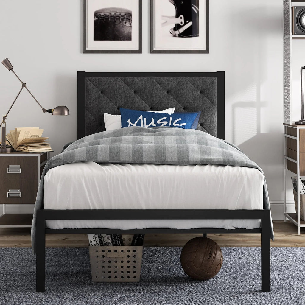 Twin Size Metal Bed Frame with Upholstered Headboard V675736