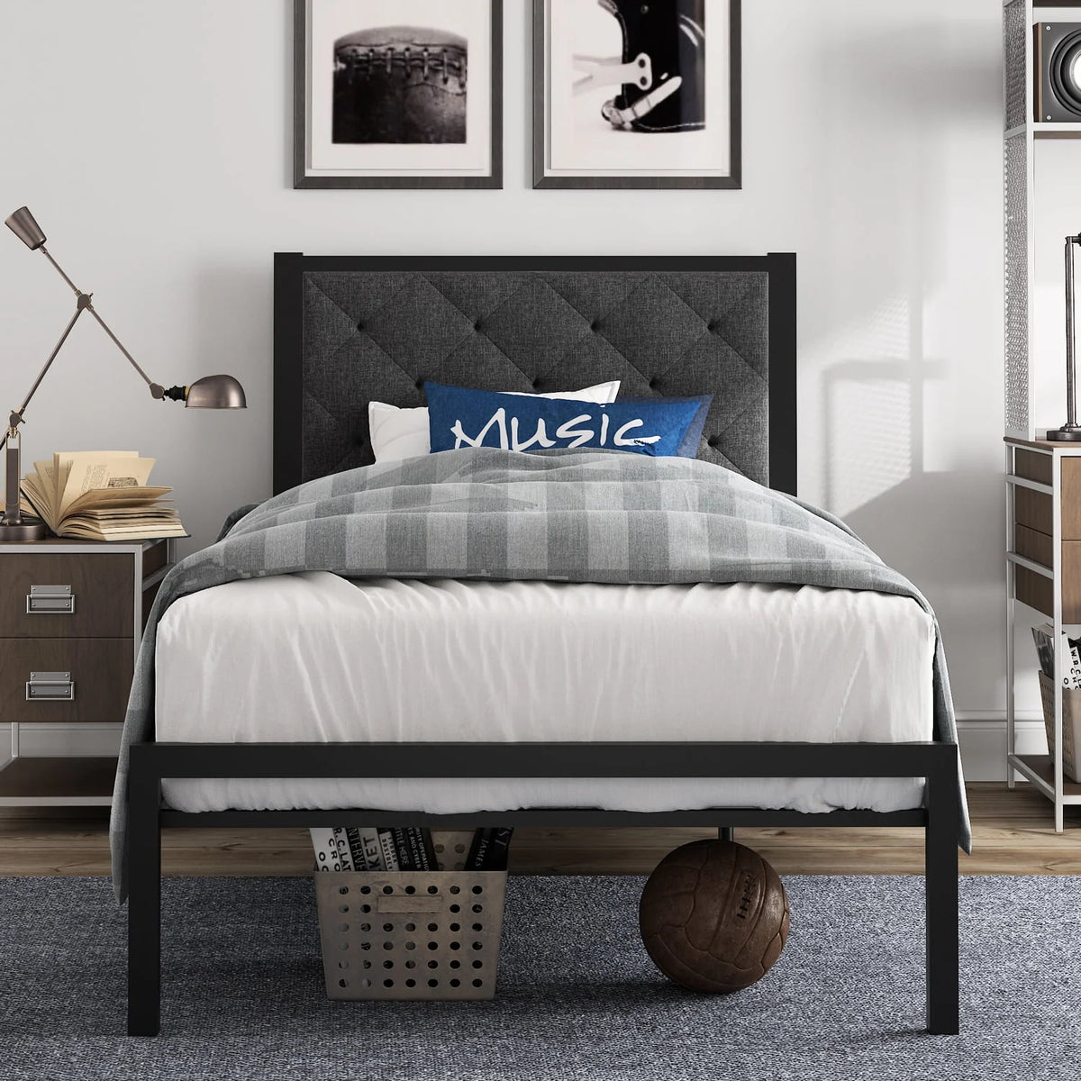 Twin Size Metal Bed Frame with Upholstered Headboard V675736