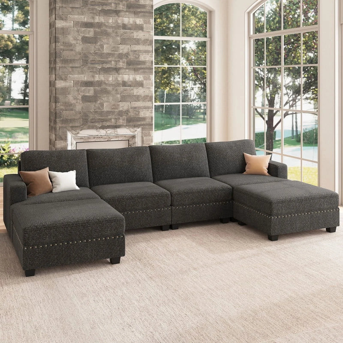 Dark Grey U Shaped Modular Sectional Sofa with Storage Ottoman H39399