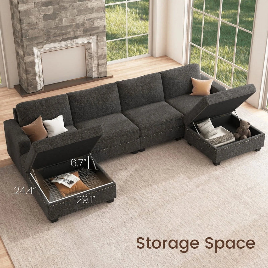 Dark Grey U Shaped Modular Sectional Sofa with Storage Ottoman H39399