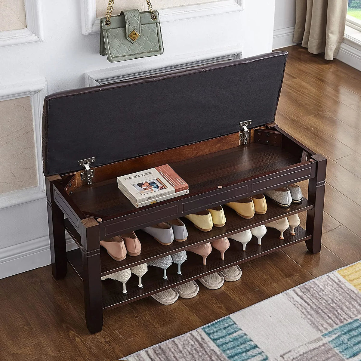 Black Shoe Storage Bench with Cushion E923328