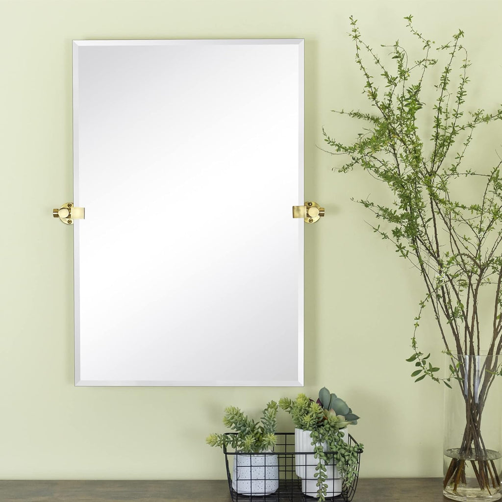 Frameless Beveled Pivot Bathroom Vanity Mirror with Chrome Metal Brackets, Tilting Rectangle Wall Mirror 20X30'' J68168