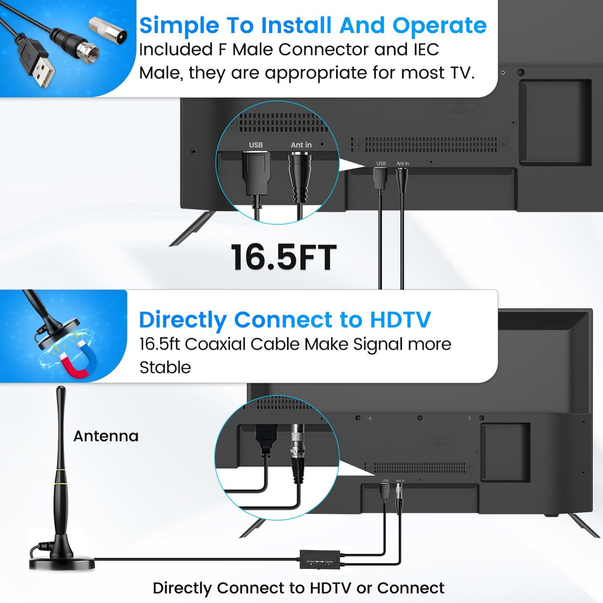 TV Antenna Indoor, 16.5FT Coax Cable D1146