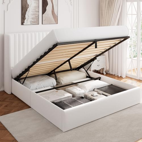 White Upholstered Lift Up Storage Bed with Wingback Headboard N102