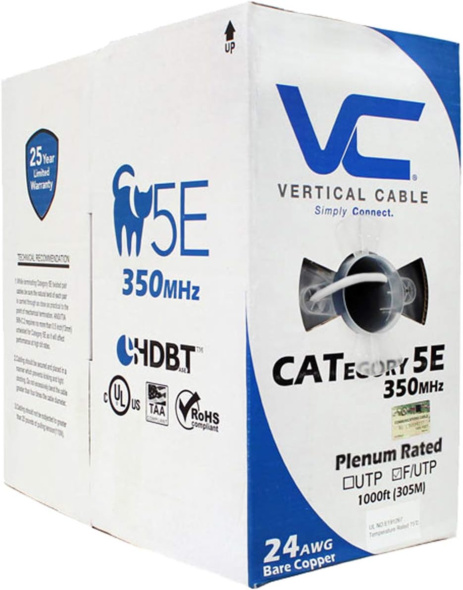 Cat5e Shielded 24AWG Solid Bare Copper Plenum 1000ft Bulk Ethernet Cable Y8929