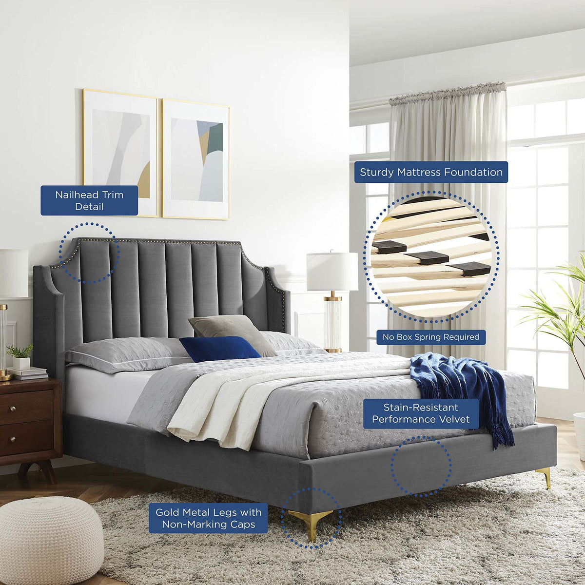 Queen Size Velvet Platform Bed Frame A444979