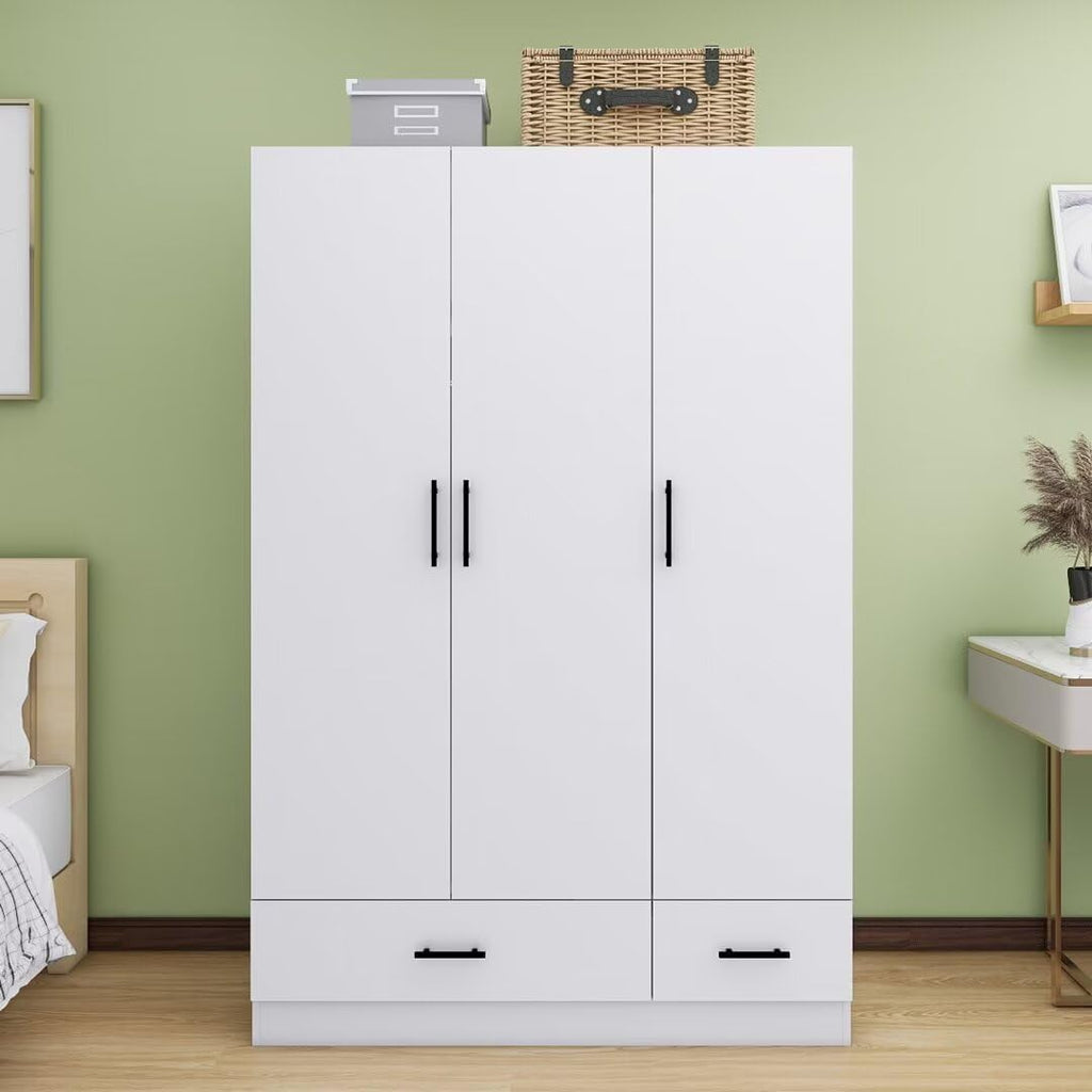 White 3 Door Wardrobe Closet with 2 Drawers Y175