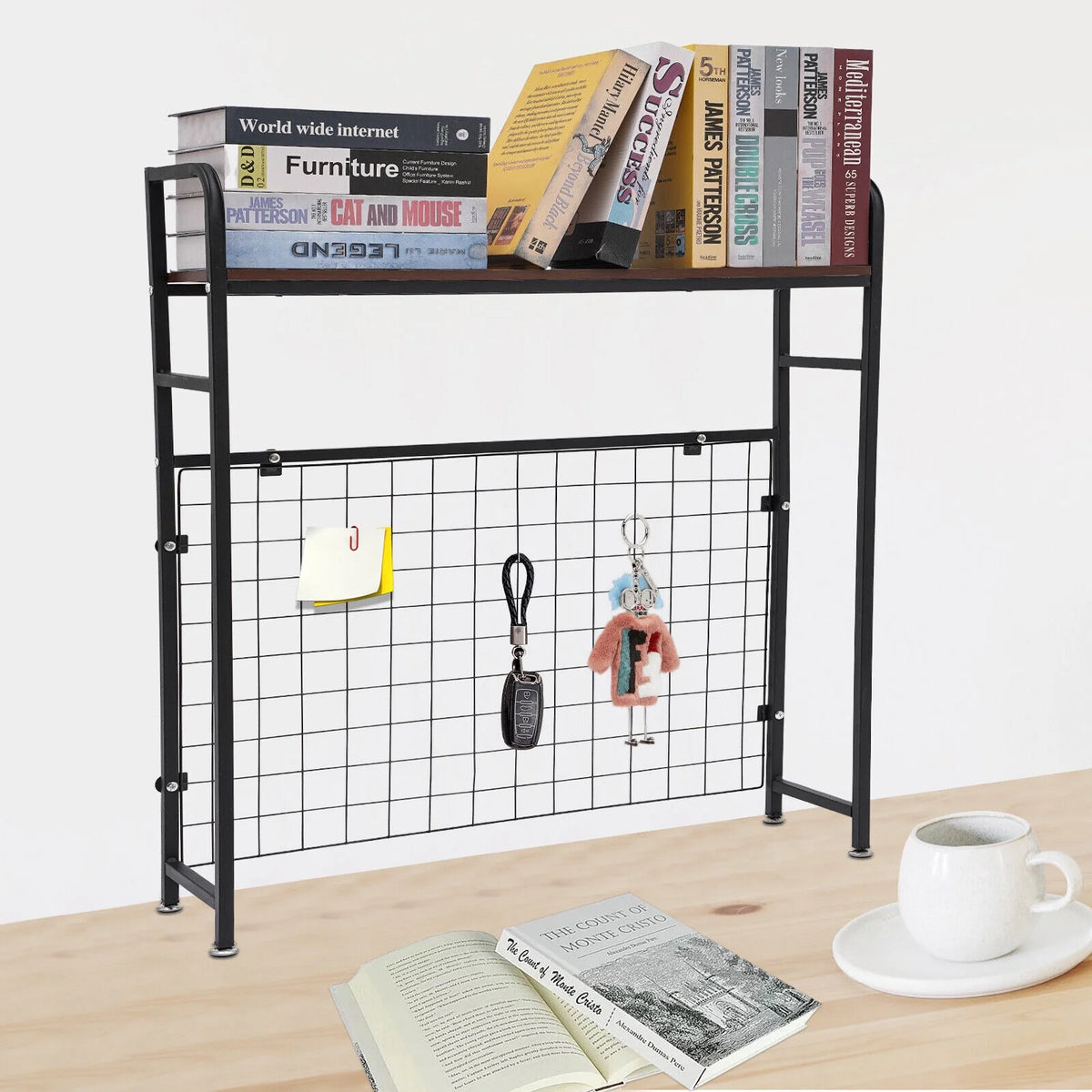 Black Bookshelf with Grid Desk Storage Shelf Y787623