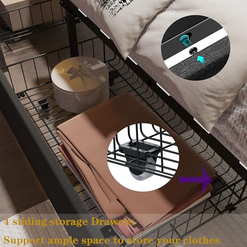 Queen LED Bed Frame with 4 Storage Drawers, Linen Upholstered, Adjustable Headboard, Grey H645