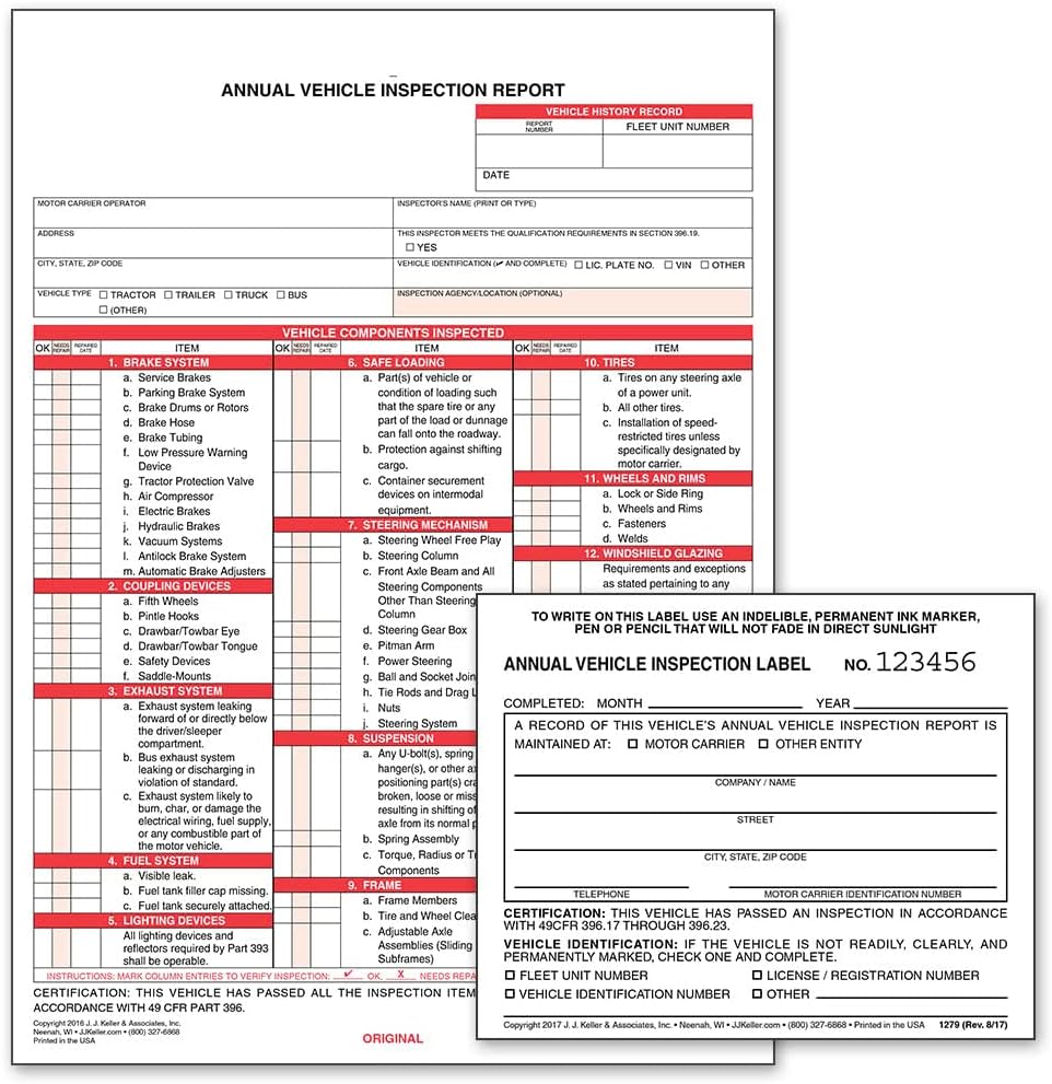 Annual Vehicle Inspection Report Form 50-pk. 3-Ply Carbonless 8.5 x 11.75 + Label 50-pk. 2-Ply Vinyl 5 x 4 H953987