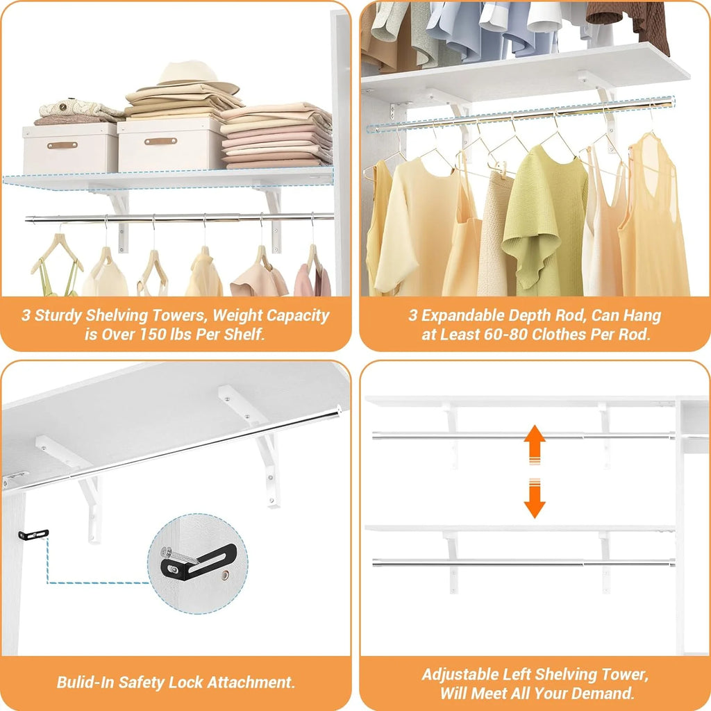 96'' White Closet System with 3 Shelving Towers U99878