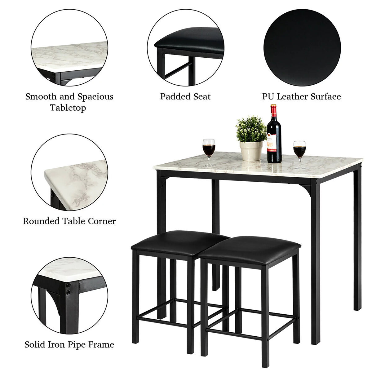 3 Piece Counter Height Dining Set Faux Marble Table and 2 Chairs I2966