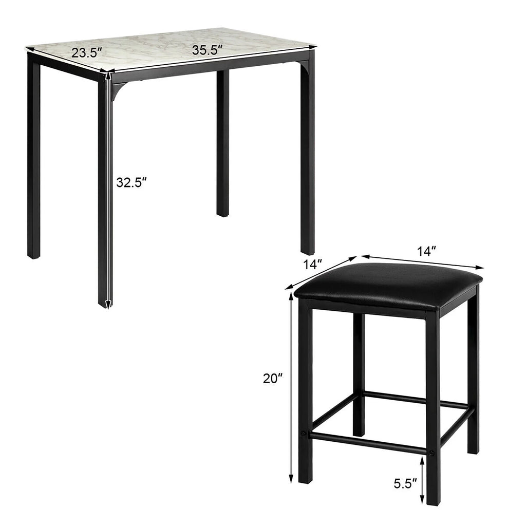 3 Piece Counter Height Dining Set Faux Marble Table and 2 Chairs I2966