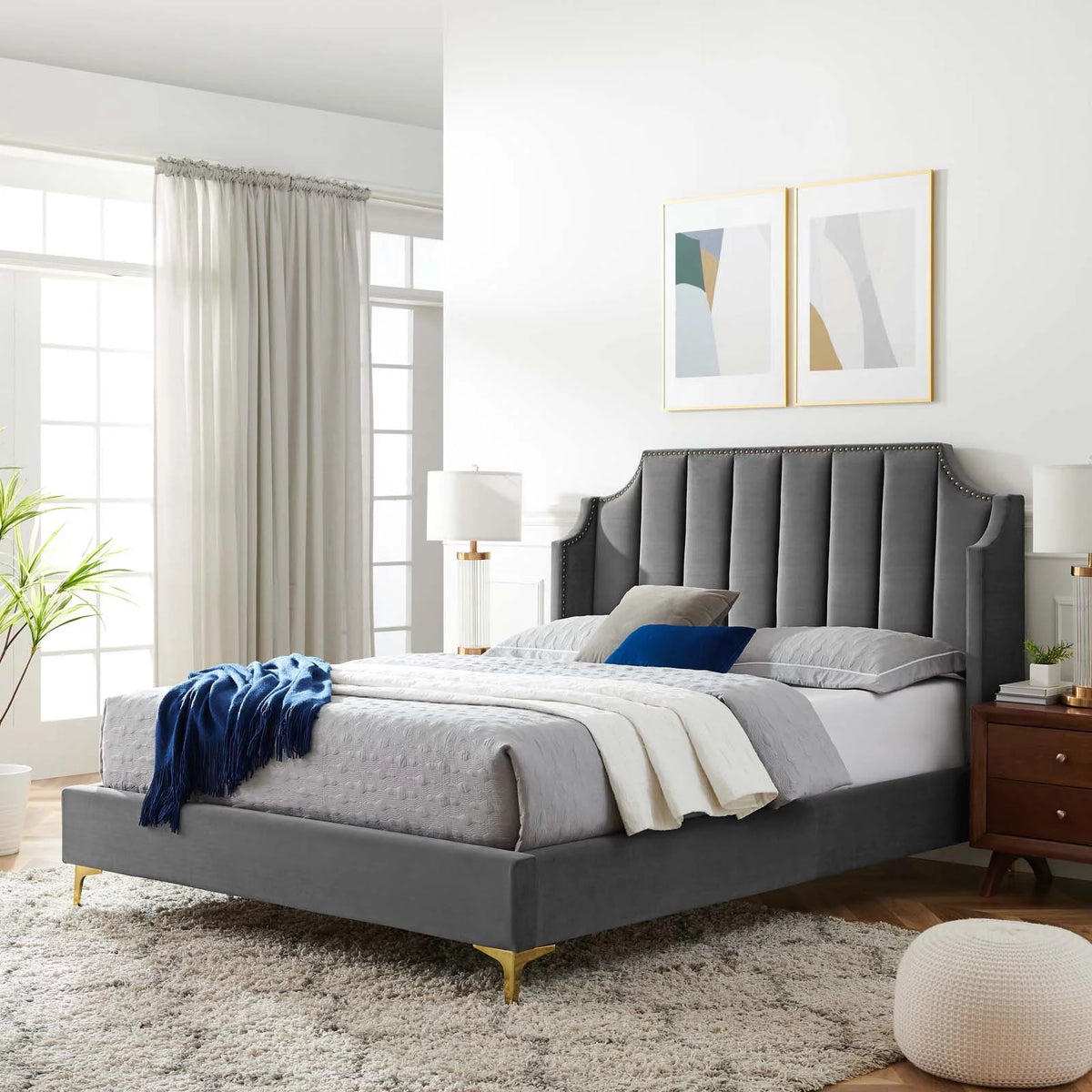 Queen Size Velvet Platform Bed Frame A444979