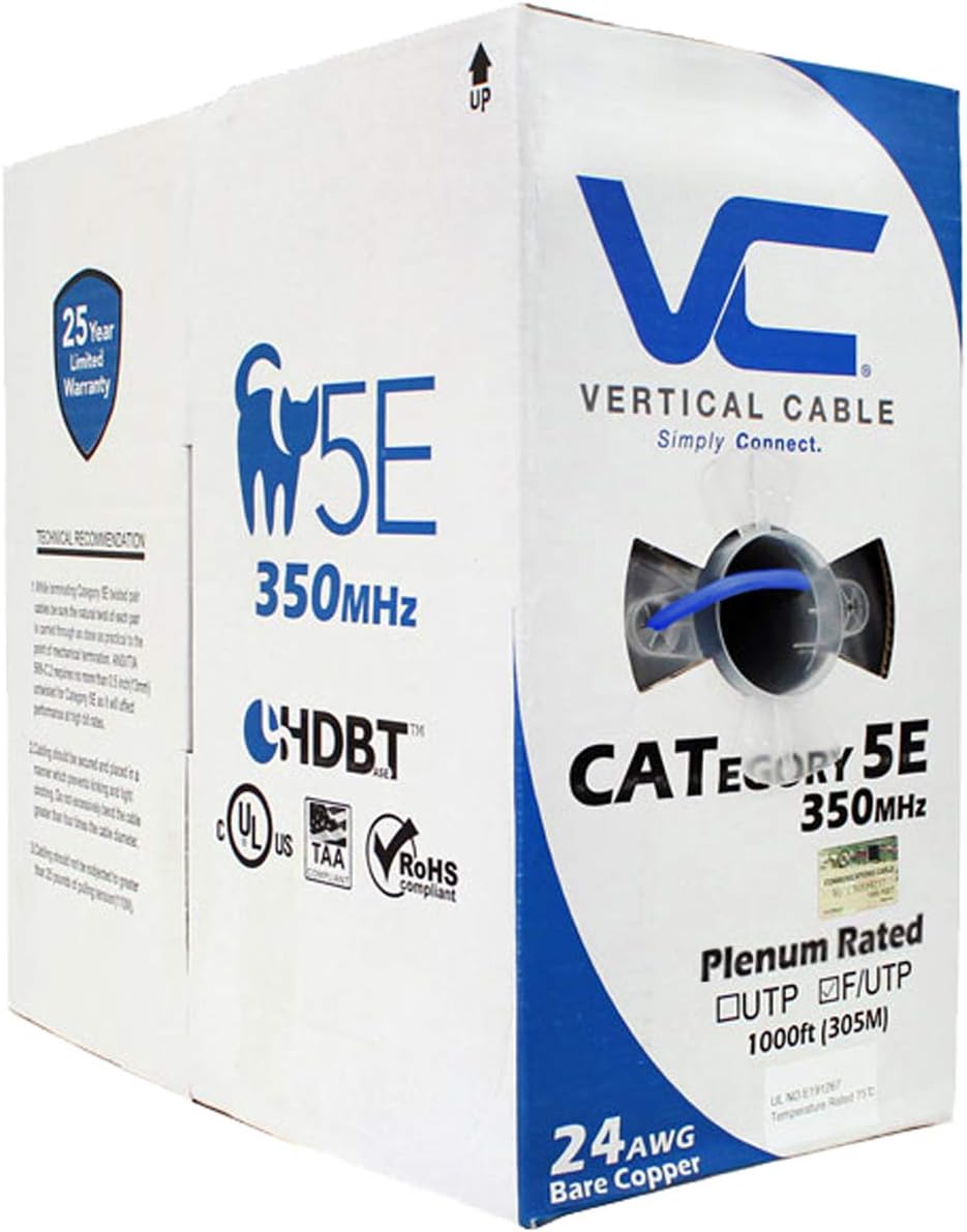 Cat5e Shielded 24AWG Solid Bare Copper Plenum 1000ft Bulk Ethernet Cable Y8929