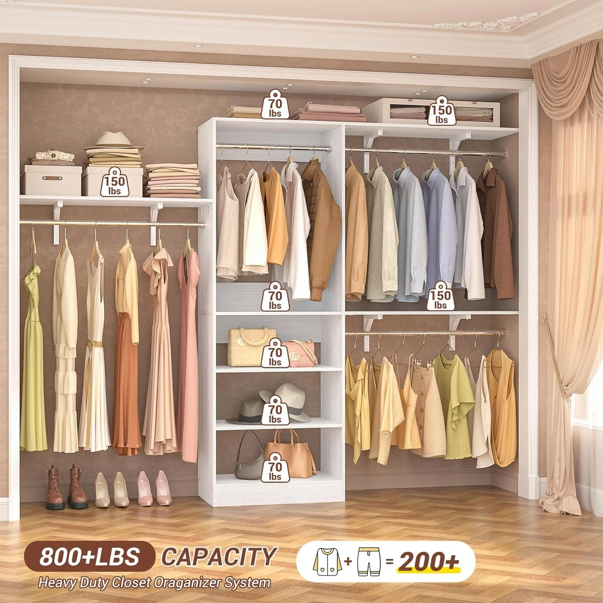 96'' White Closet System with 3 Shelving Towers U99878