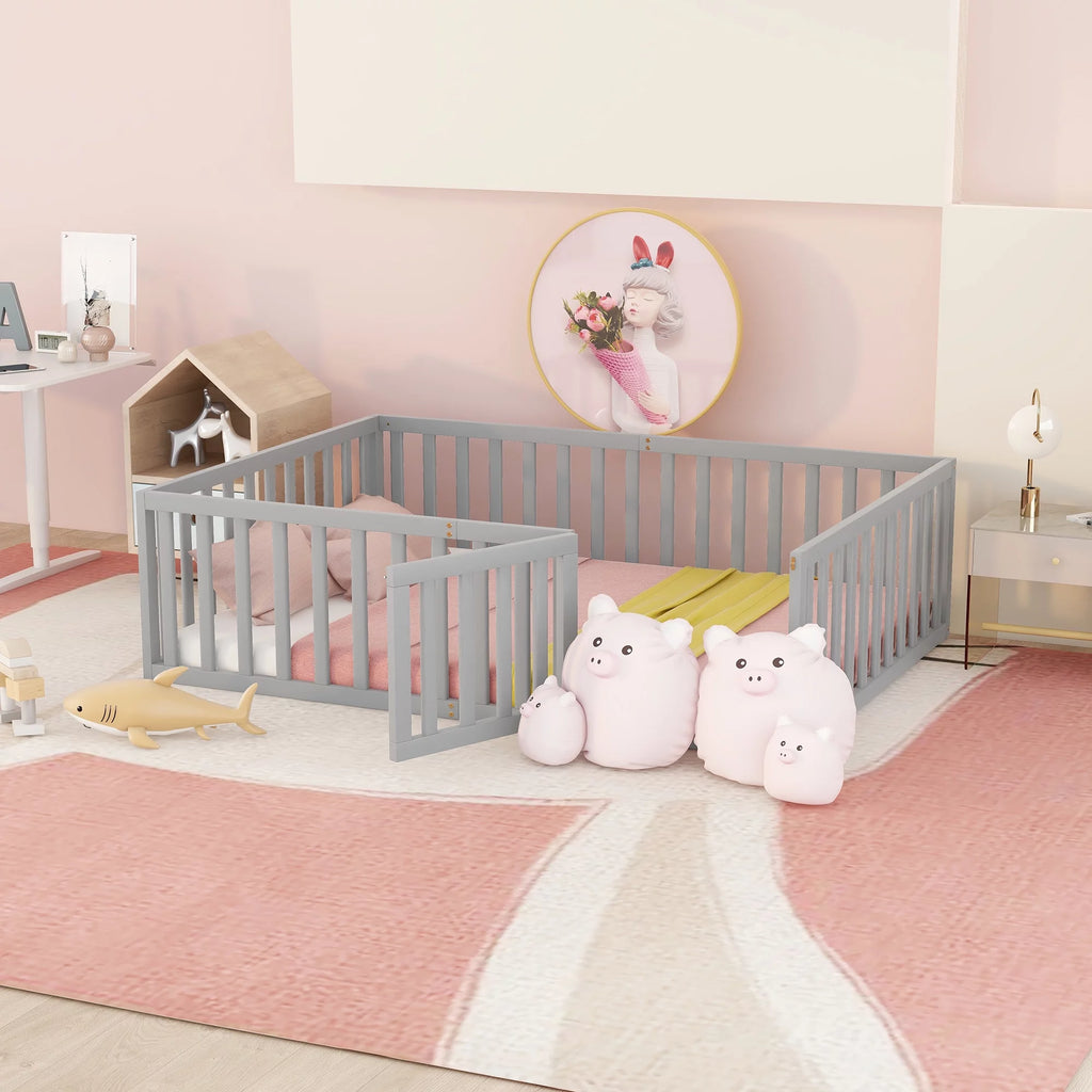 Full Size Gray Wood Daybed Frame with Fence M774501