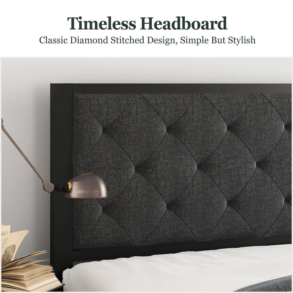 Twin Size Metal Bed Frame with Upholstered Headboard V675736