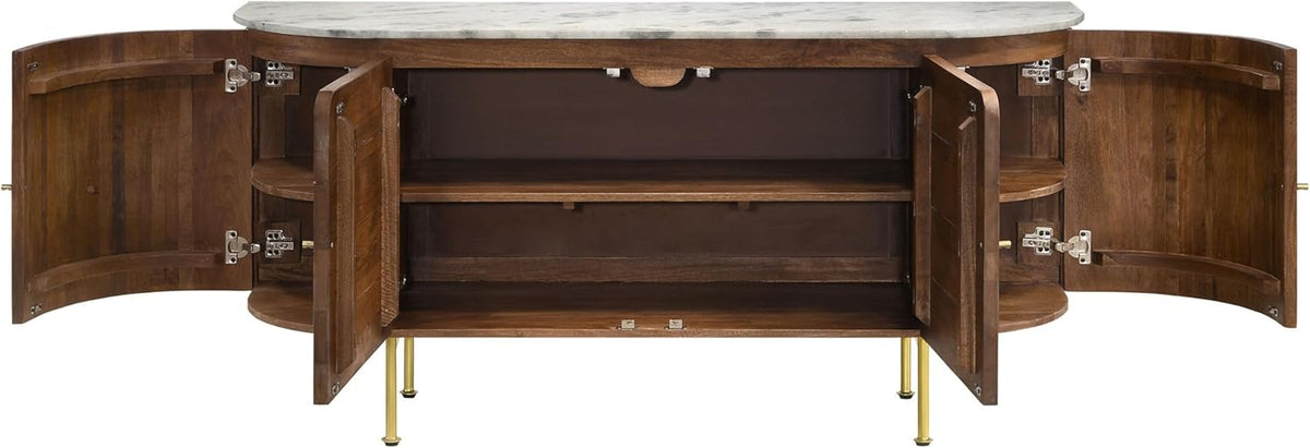 Curved Marble Top White Brown and Brass Dining Sideboard Server F3692
