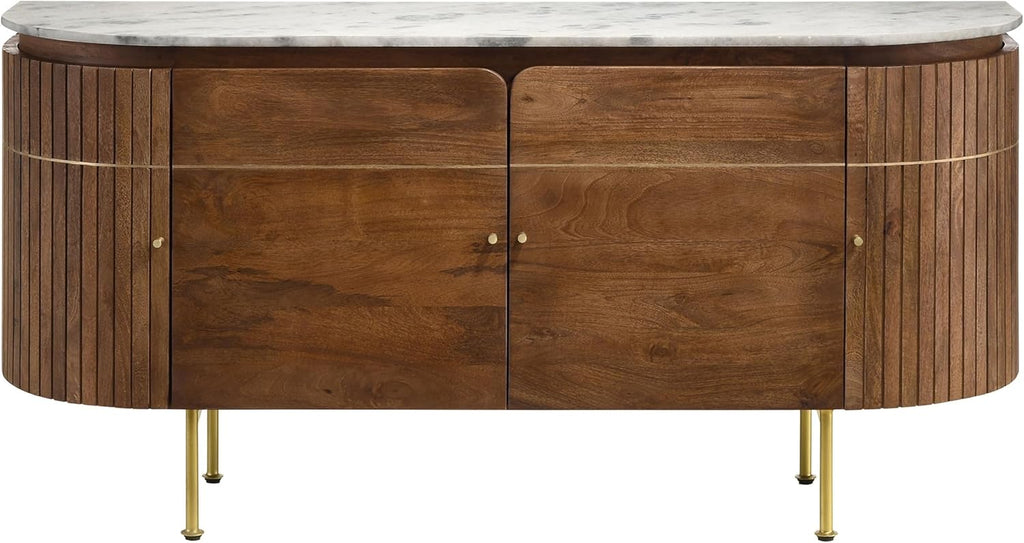 Curved Marble Top White Brown and Brass Dining Sideboard Server F3692