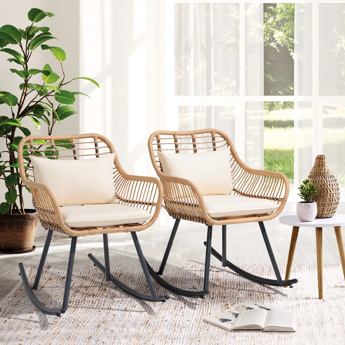White Wicker Rocking Chairs Set of 2 with Pillows and Cushions Z518