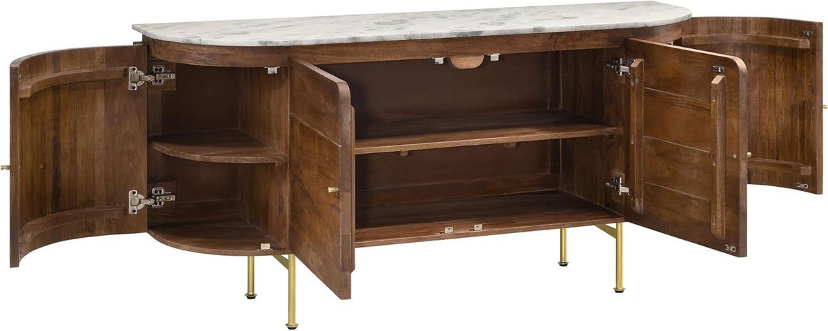 Curved Marble Top White Brown and Brass Dining Sideboard Server F3692