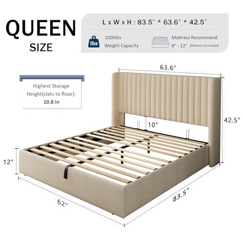 White Upholstered Lift Up Storage Bed with Wingback Headboard N102
