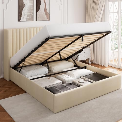 White Upholstered Lift Up Storage Bed with Wingback Headboard N102