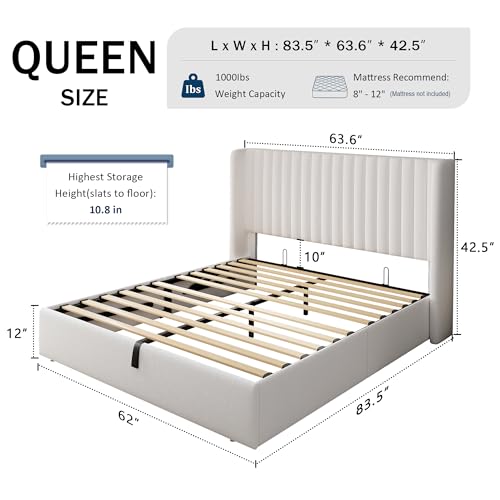 White Upholstered Lift Up Storage Bed with Wingback Headboard N102