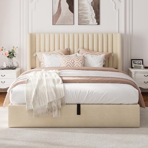 White Upholstered Lift Up Storage Bed with Wingback Headboard N102