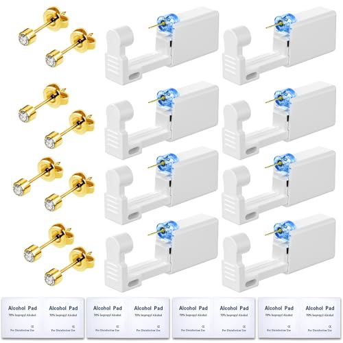 24Pcs Premium Ear Piercing Kit with 8 CZ Diamond Earrings and 8 Self Ear Piercing Gun E748268