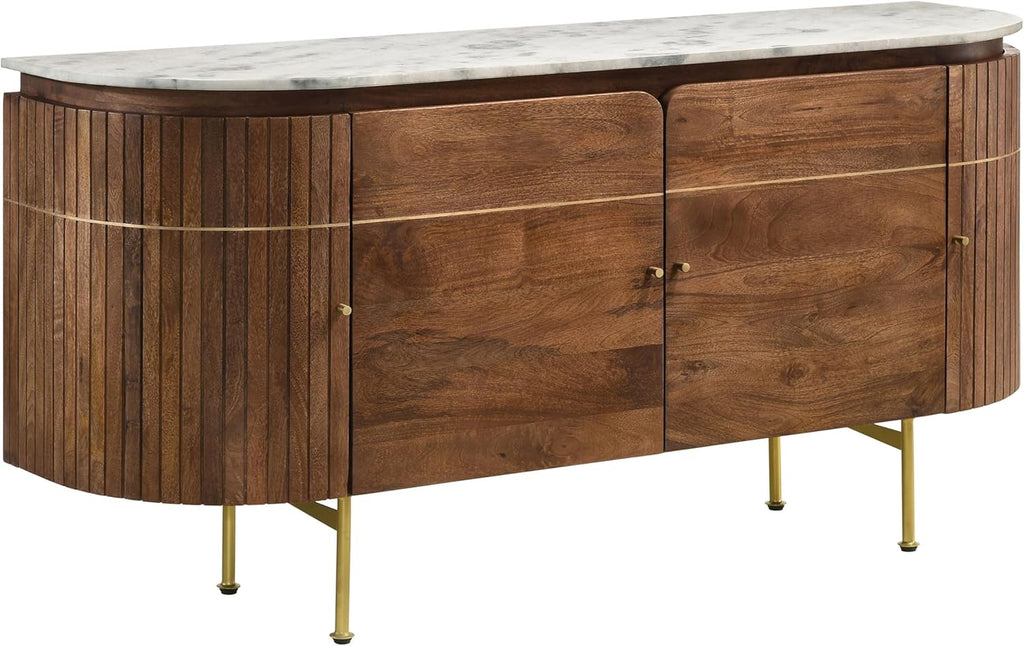 Curved Marble Top White Brown and Brass Dining Sideboard Server F3692