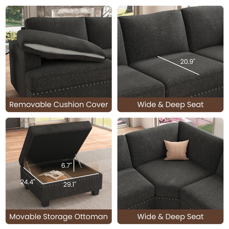 Dark Grey U Shaped Modular Sectional Sofa with Storage Ottoman H39399