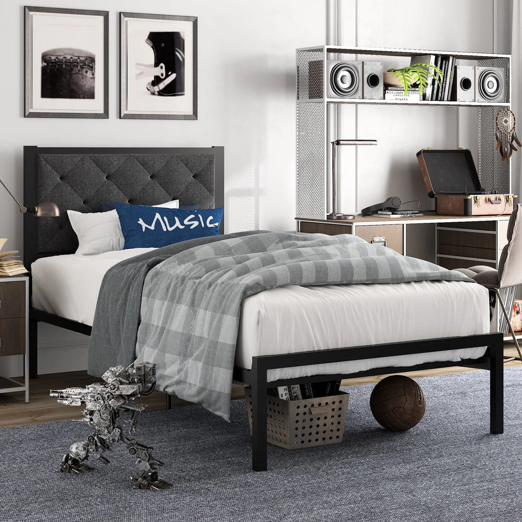 Twin Size Metal Bed Frame with Upholstered Headboard V675736