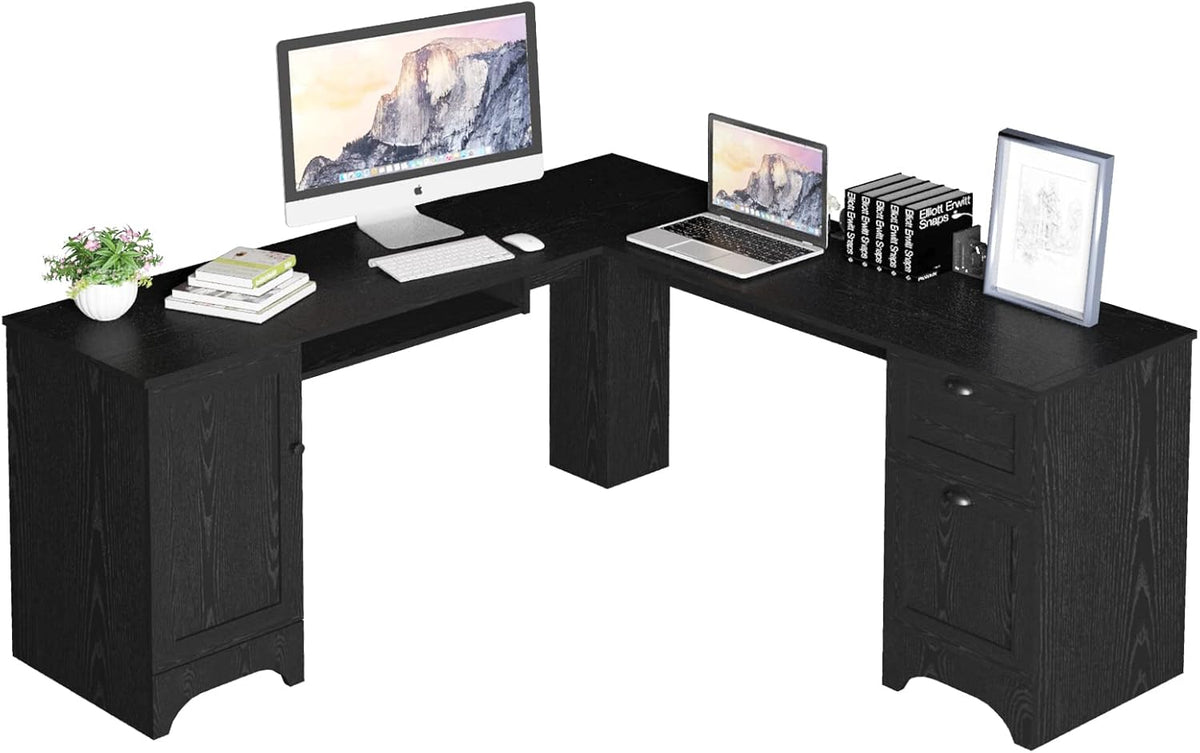 L Shaped Corner Computer Desk with Storage Drawers & Cabinet A945755