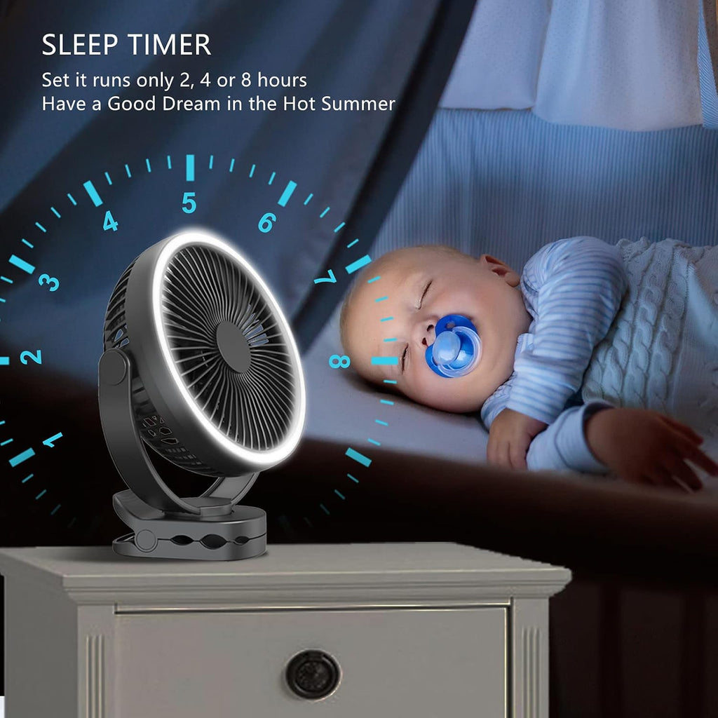 8 Inch Battery Operated Clip On Fan with 4 Speeds, Timer, LED Light B916981