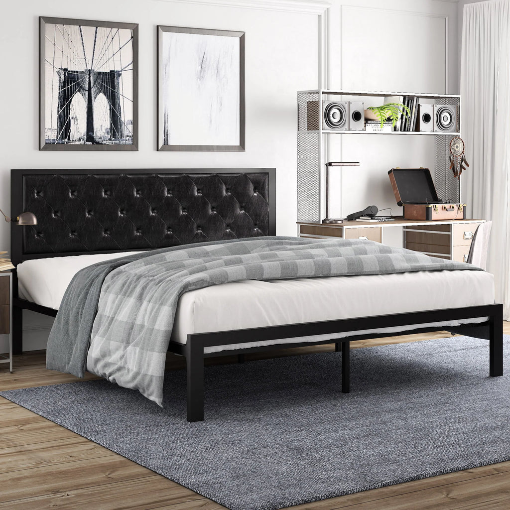 Twin Size Metal Bed Frame with Upholstered Headboard V675736