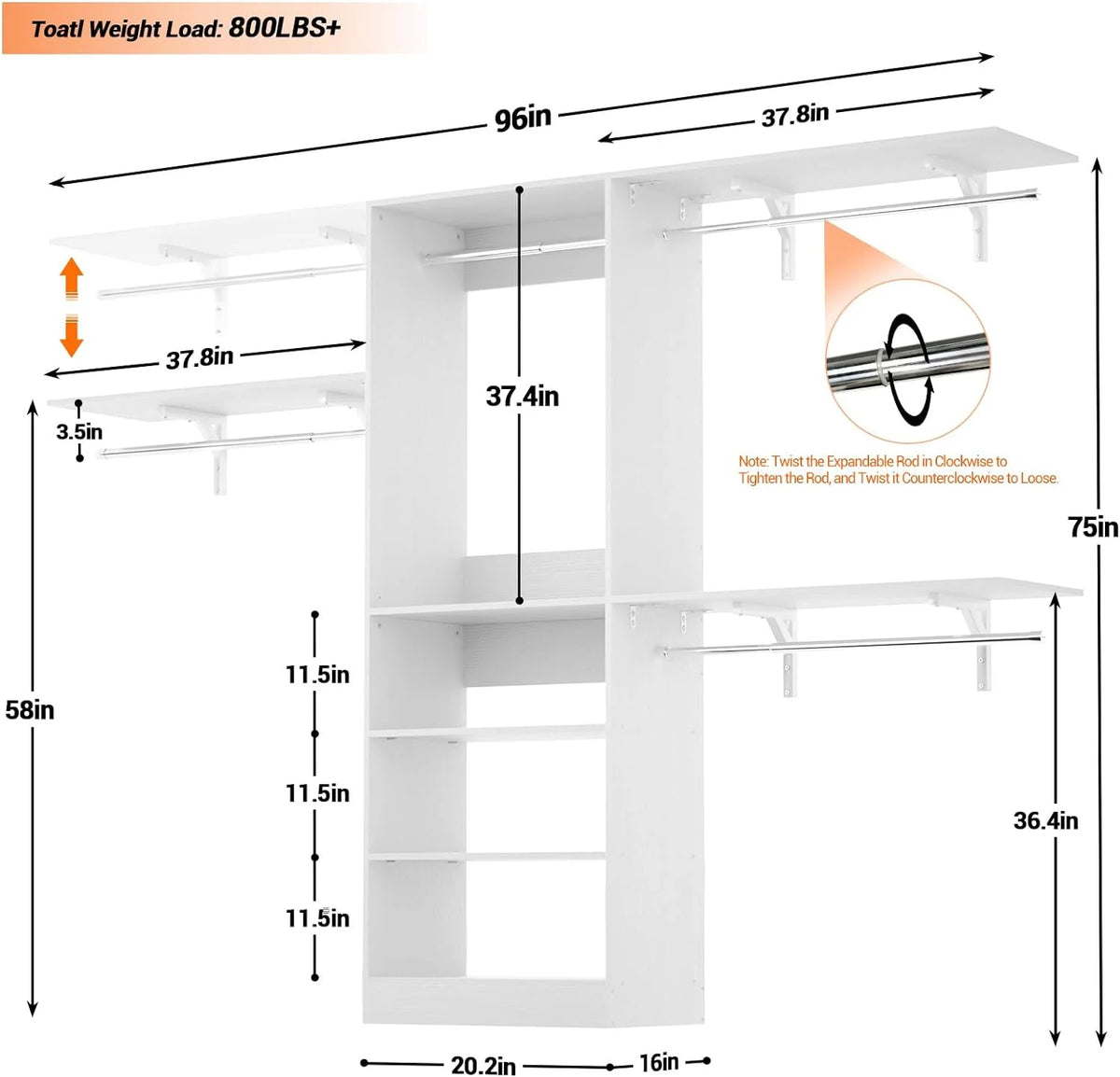 96'' White Closet System with 3 Shelving Towers U99878