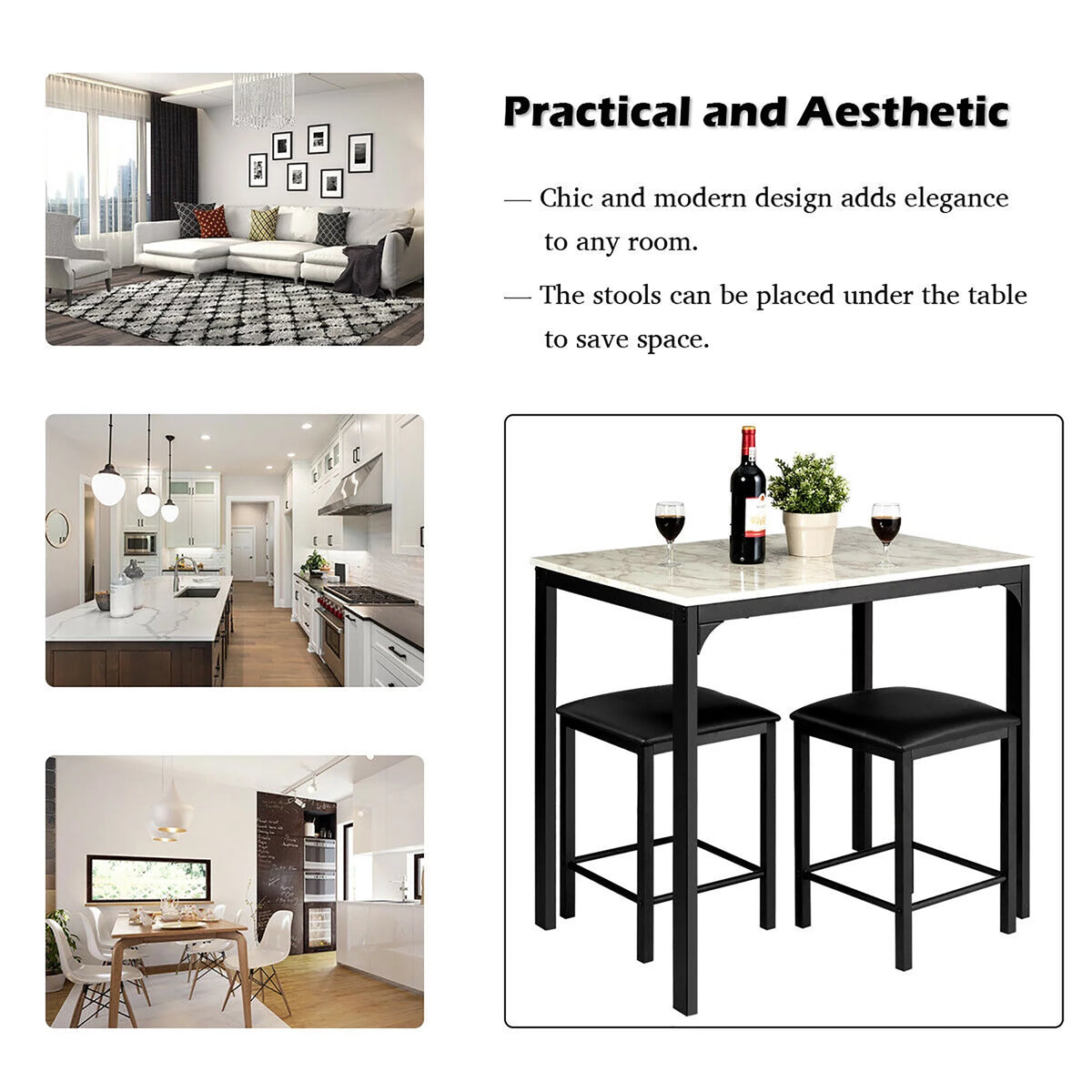 3 Piece Counter Height Dining Set Faux Marble Table and 2 Chairs I2966