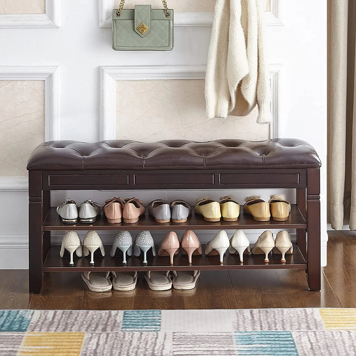 Black Shoe Storage Bench with Cushion E923328