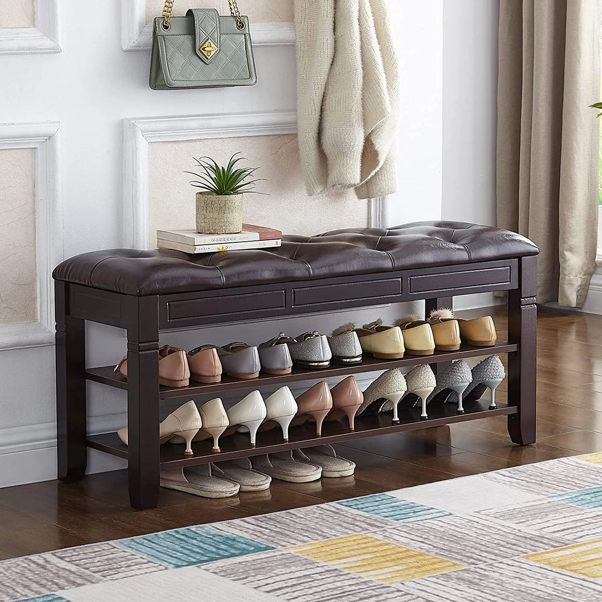 Black Shoe Storage Bench with Cushion E923328