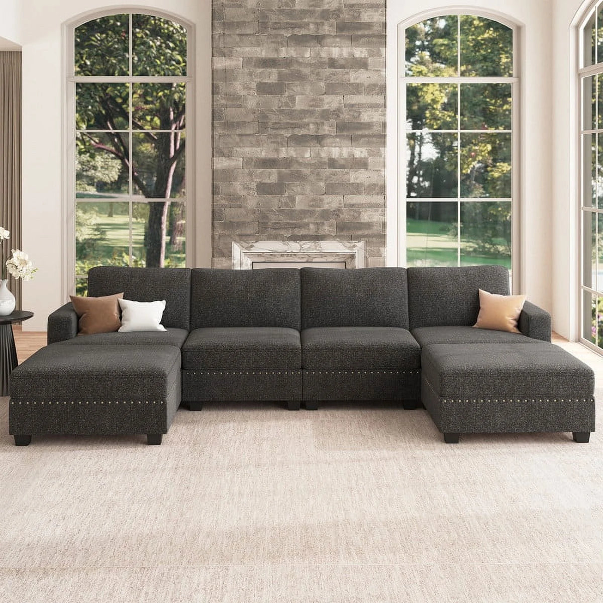 Dark Grey U Shaped Modular Sectional Sofa with Storage Ottoman H39399