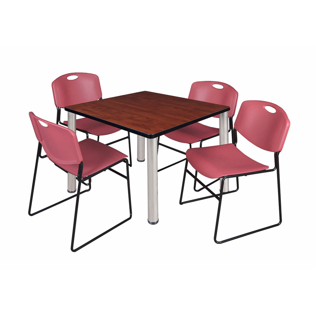 Cherry Chrome Square Breakroom Table with 4 Stack Chairs Z28518