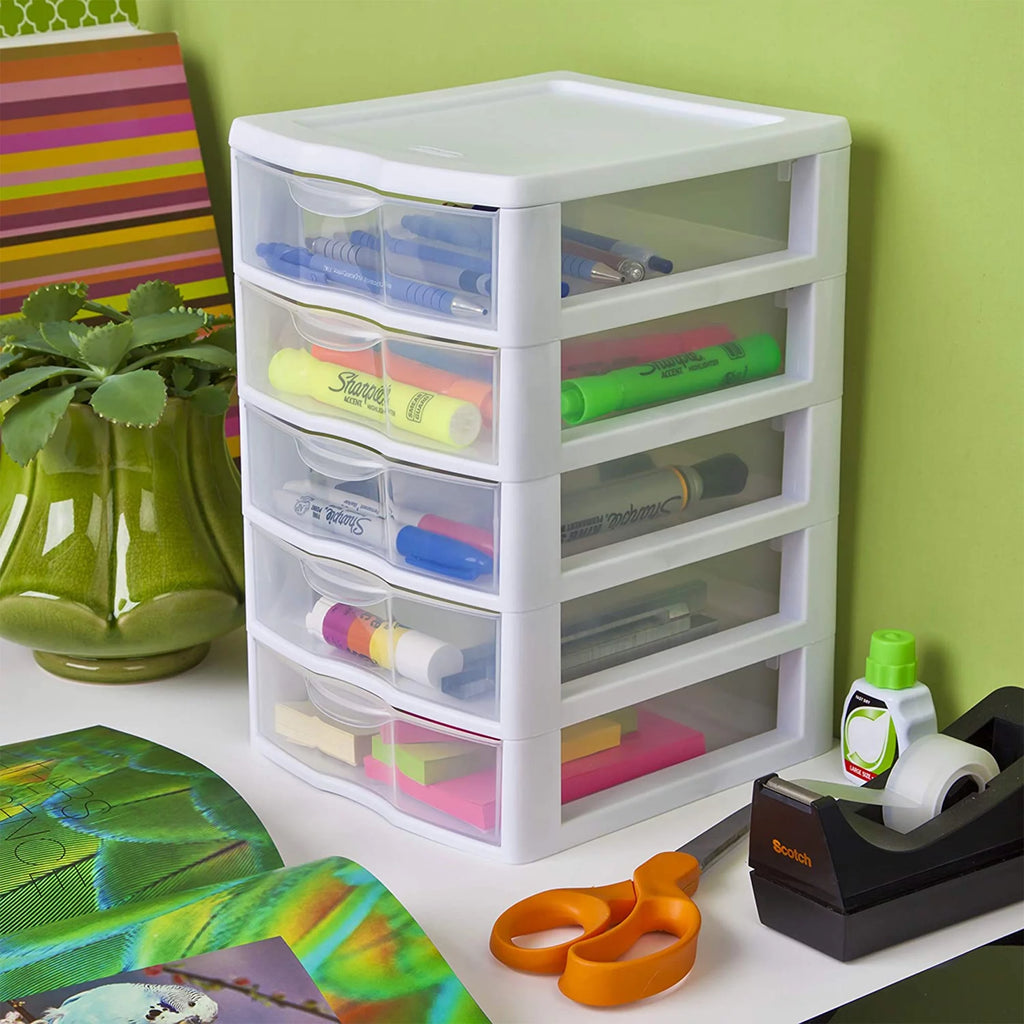Small Plastic 5 Drawer Desktop Storage System, White, 4 Pack I42020