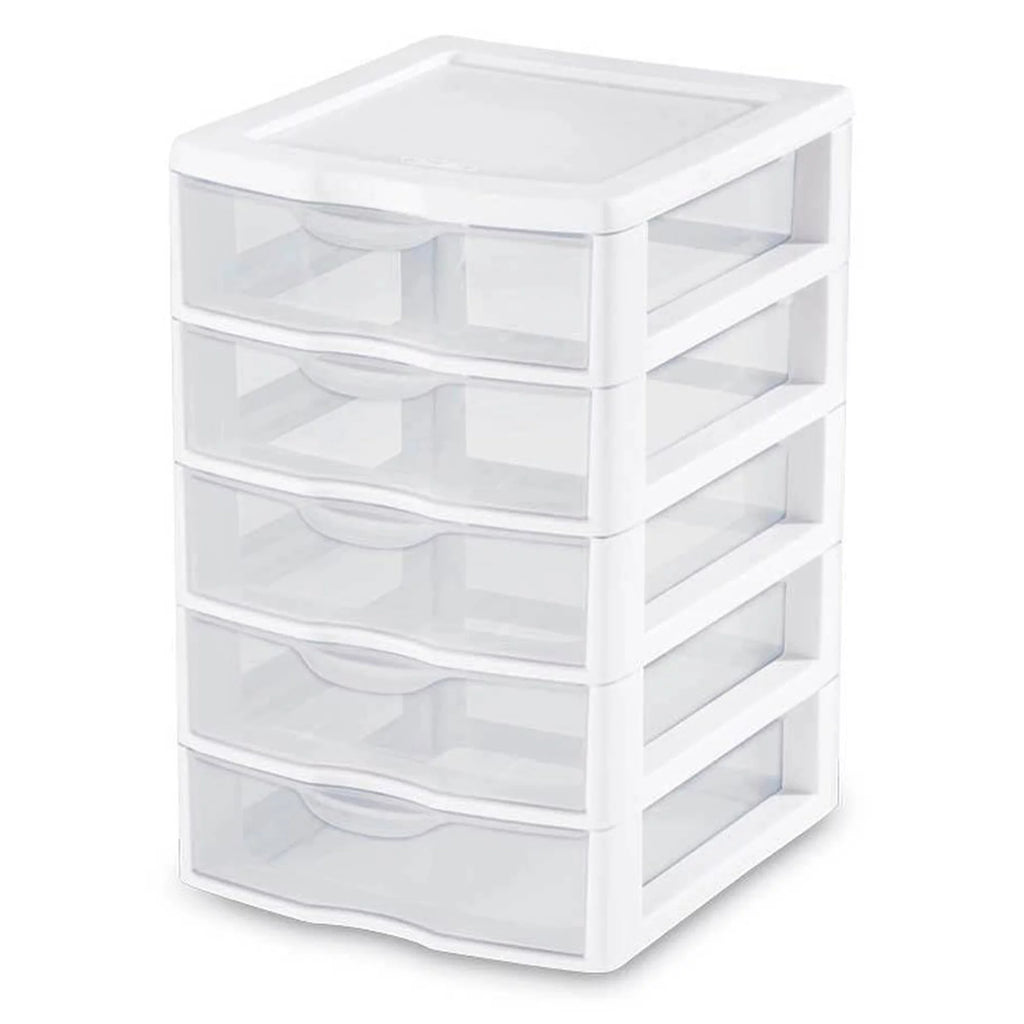Small Plastic 5 Drawer Desktop Storage System, White, 4 Pack I42020